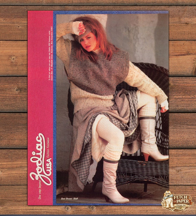 Zodiac USA Fashion Footwear White Boots Wicker Chair Print Ad 1983 1980s