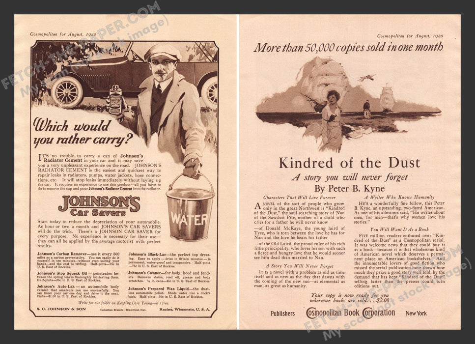 1920 Print Advertisements Front / Back Johnson's Car Savers & Kyne Book  Ad.