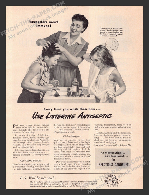 1949 Print Advertisement Listerine Antiseptic for Dandruff Quackery Product Ad.