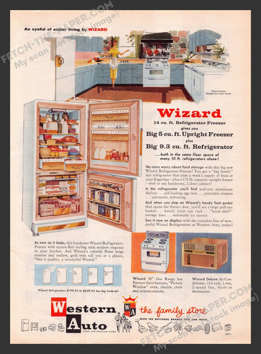 1957 Print Advertisement Wizard Refrigerator Freezer Gas Range Appliance Ad.
