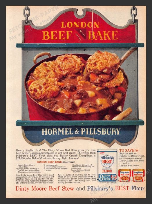 1963 "London Beef Bake" Recipe by Hormel & Pillsbury Print Advertisement Ad