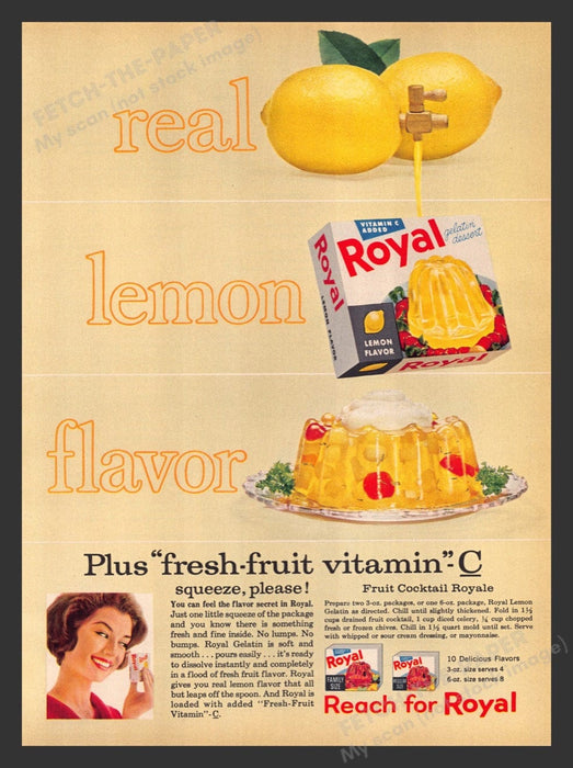1963 Royal Real Lemon Flavor Gelatin "Fruit Cocktail Royale" Recipe Print Ad