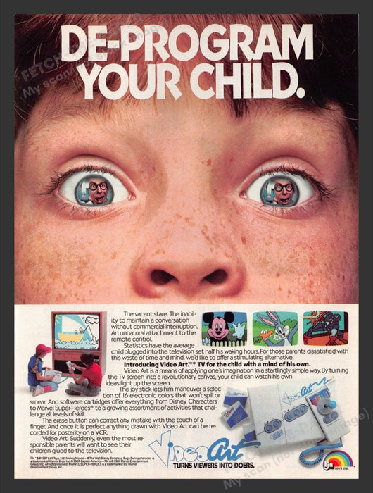 1987 Ljn Toys Video Art T.V. "De-program your child" Print Advertisement Ad