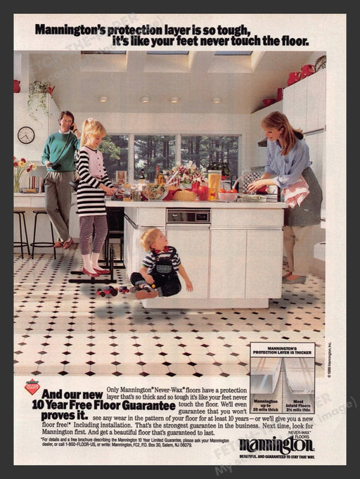 1989 Mannington Never-Wax Floors Kitchen Family Print Advertisement Ad