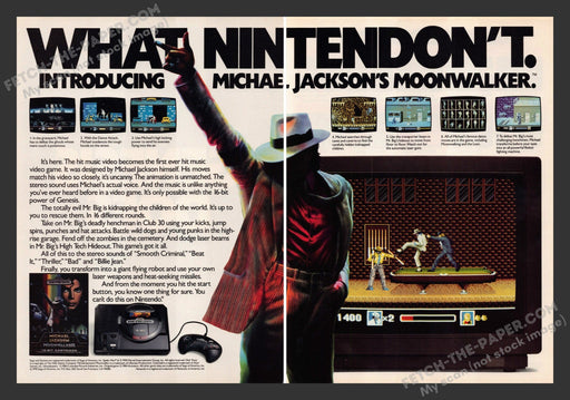 1990 Print Advertisement 2 Page Michael Jackson's Moonwalker Singer Video Game Ad.