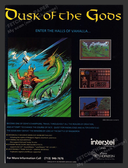 1992 Dusk of the Gods Enter the halls of Vahalla Video Game Print Advertisement Fetch the Paper!