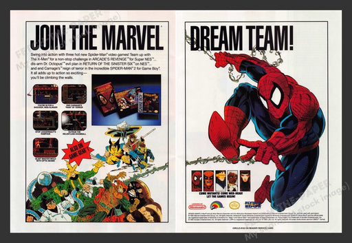 1992 Join the Marvel Dream Team Spiderman Video Game Print Advertisement (2 pgs)