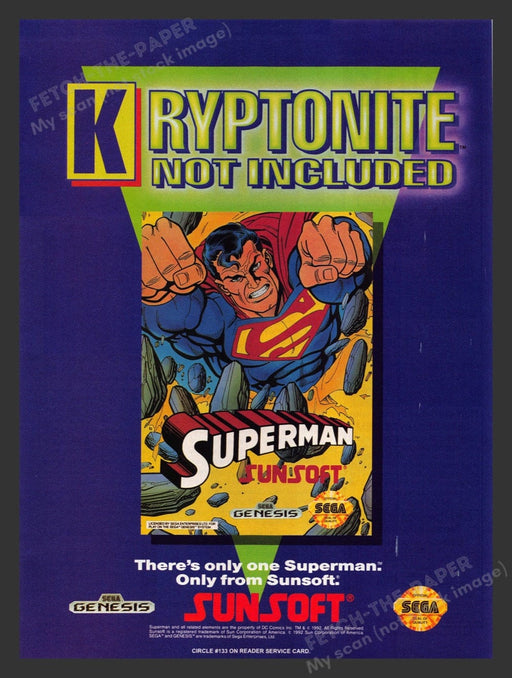 1992 Sunsoft Superman "Kryptonite not included" Video Game Print Advertisement Fetch the Paper!