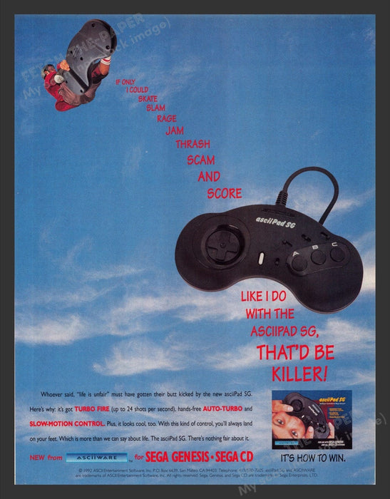 1993 AsciiPad SG Skateboarder Video Game Print Advertisement