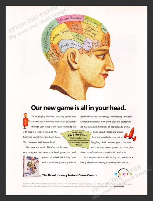 1995 Klik & Play "All in your head" Video Game Print Advertisement
