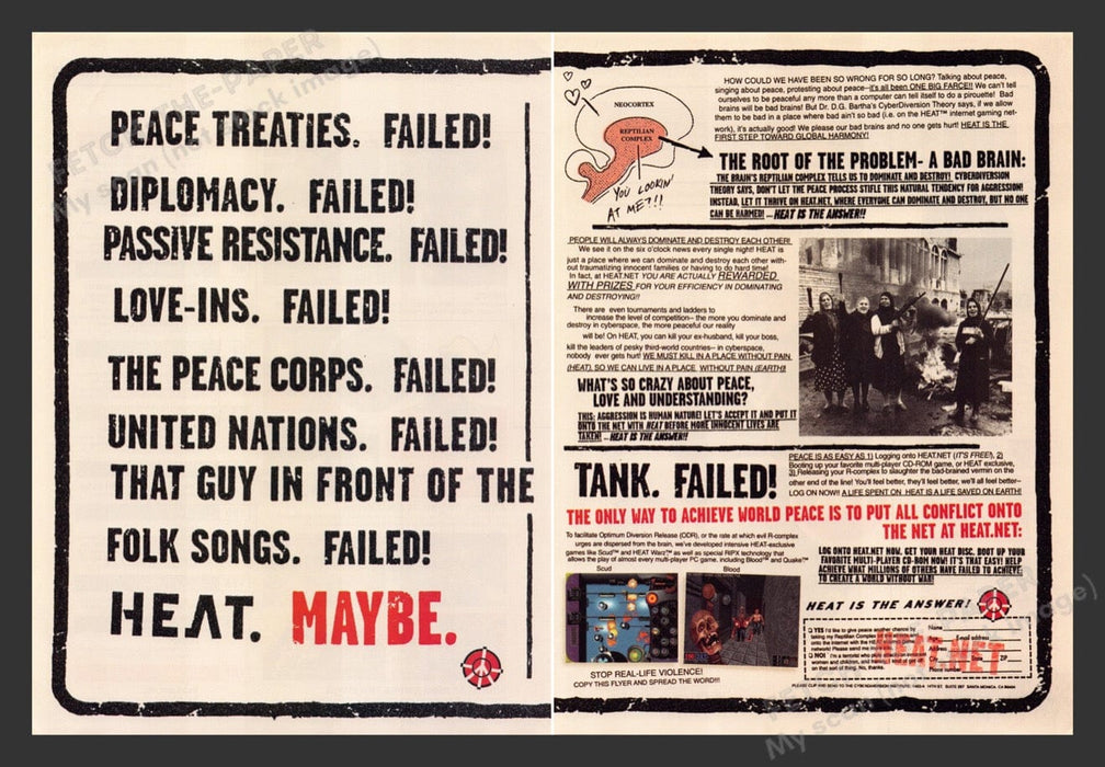 1997 Heat.net World Peace Video Game Print Advertisement (2 Pages)