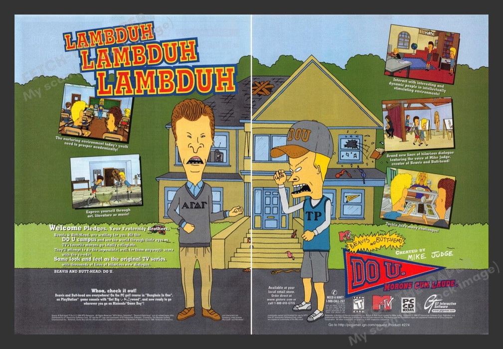 1999 Beavis and Butt-head Do U.: Morons Cum Laude Video Game Print Ad 2 pgs Fetch the Paper!
