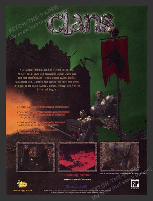 1999 Clans "Evil has returned to the land" Video Game Print Ad Fetch the Paper!