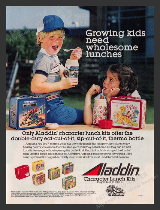 Aladdin 1980s Print Advertisement 1983 Lunch Kits Masters Shortcake Pac-man etc Fetch the Paper!