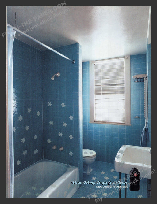 2005 Print Advertisement Axe Blue Bathroom How Dirty Boys Get Clean Ad.