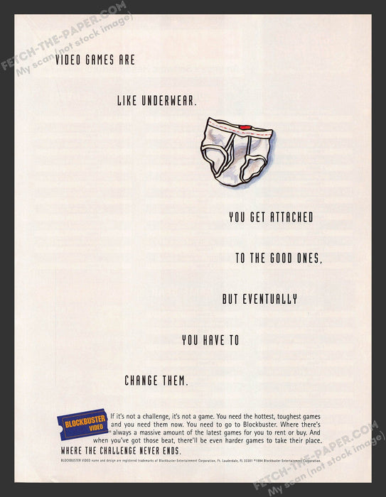 1996 Print Advertisement Blockbuster Video Game Rental Underwear Ad.