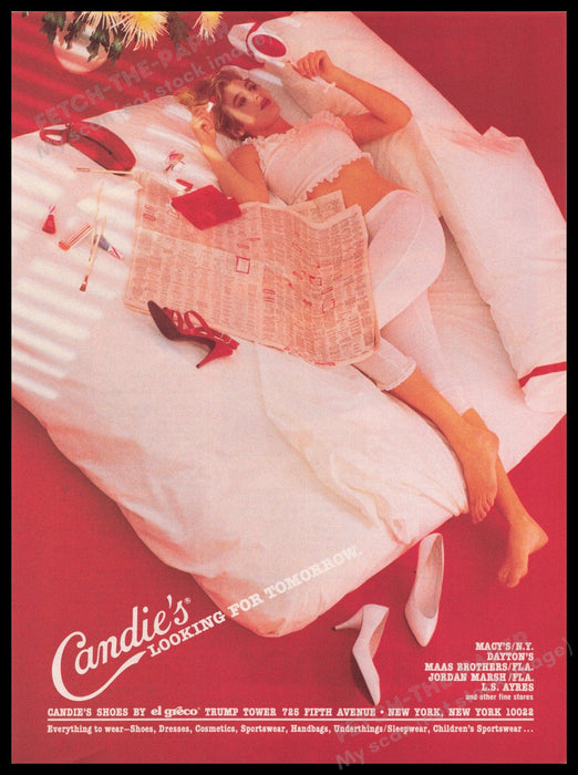 Candie's Shoes 1980s Print Advertisement Ad 1985 Legs Model on Bed Fetch the Paper!