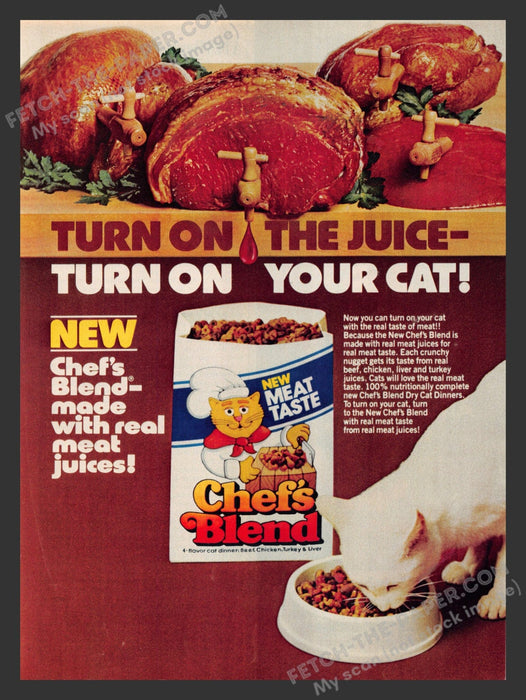 1982 Print Advertisement Chef's Blend Cat Food Real Meat Juices White Cat Ad.