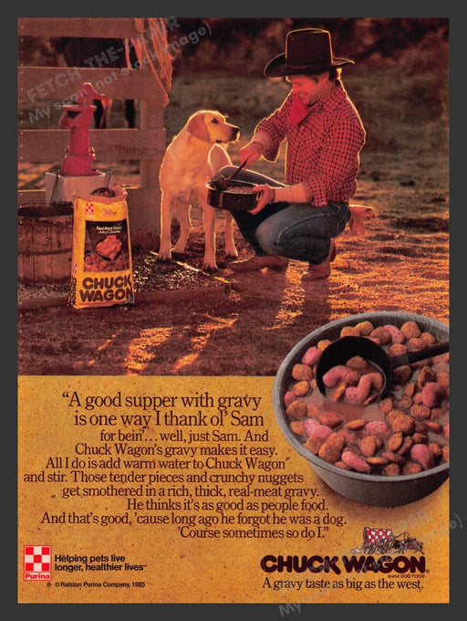 1986 Chuck Wagon Dog Food Yellow Lab Cowboy Print Advertisement Ad