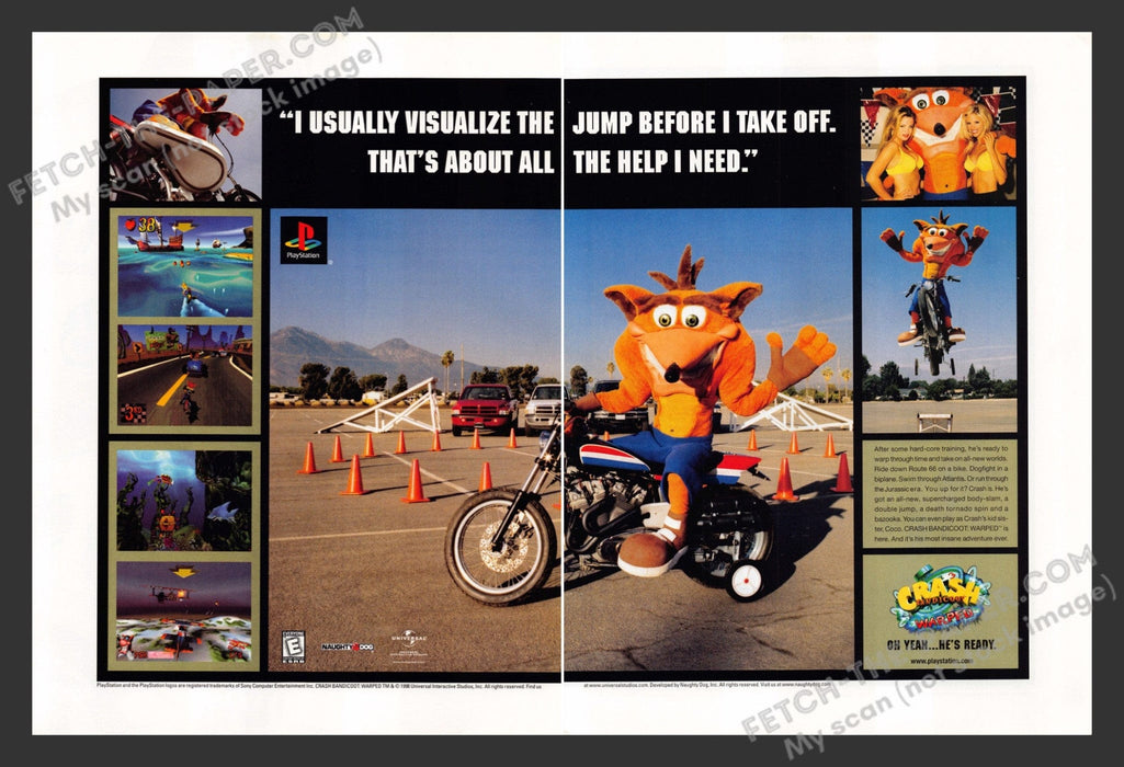 1998 Print Advertisement 2 Page Crash Bandicoot: Warped Video Game Ad.