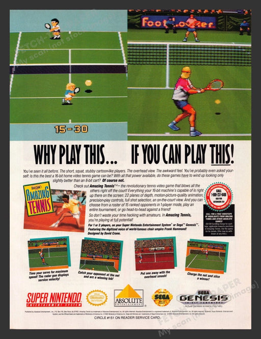 1992 David Crane's Amazing Tennis Video Game Print Advertisement