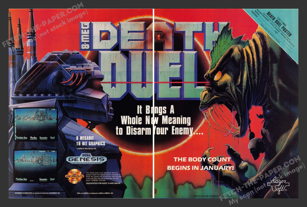 1991 Print Advertisement 2 Page Death Duel Video Game Ad.
