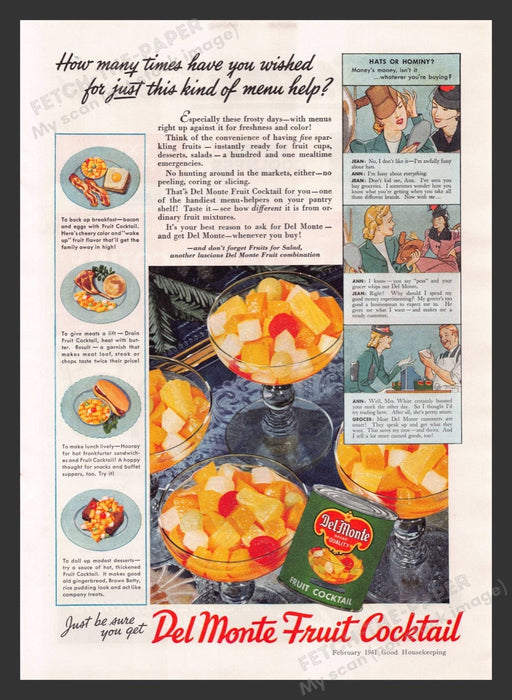1941 Del Monte Fruit Cocktail Hats or Hominy? Print Advertisement Ad