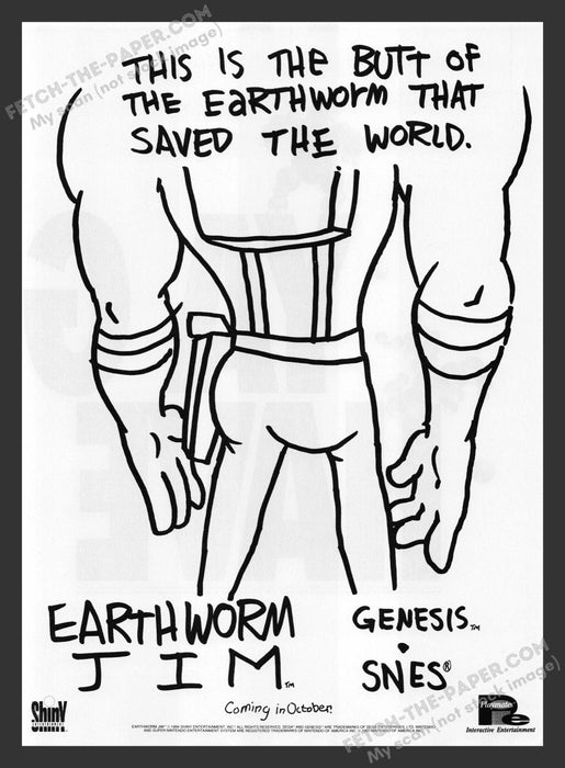 1994 Print Advertisement Earthworm Jim Butt Video Game Ad.