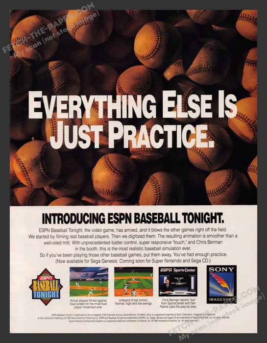 1994 Print Advertisement ESPN Baseball Tonight Video Game Ad.