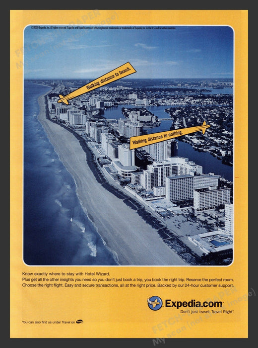 Expedia 2000s Print Advertisement 2000 Hotel Wizard Coastline Beach Fetch the Paper!