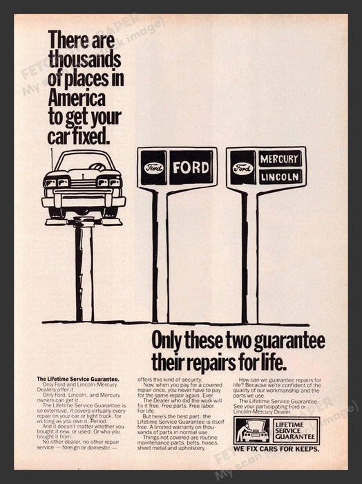 1984 Ford Mercury Lincoln Lifetime Service Guarantee Print Advertisement Ad