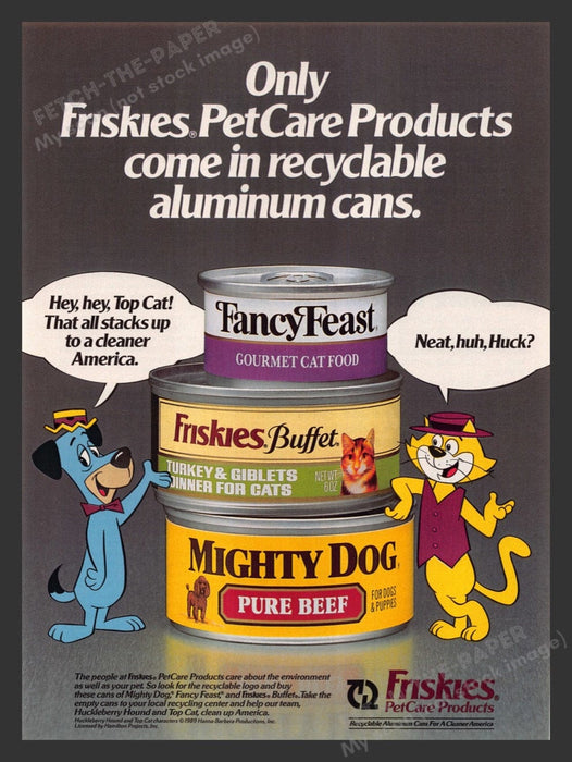 1989 Friskies Dog & Cat Food Huckleberry Hound & Top Cat Print Advertisement Ad