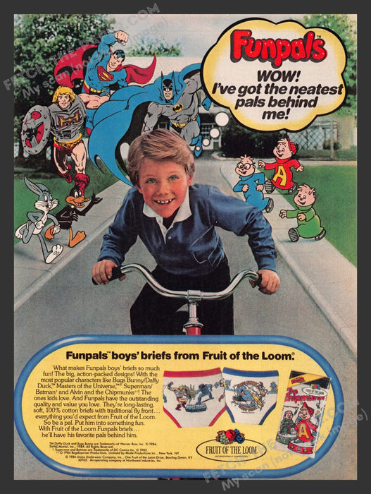 1984 Print Advertisement Fruit of the Loom Funpals Boys Briefs 1980s Cartoons Ad.