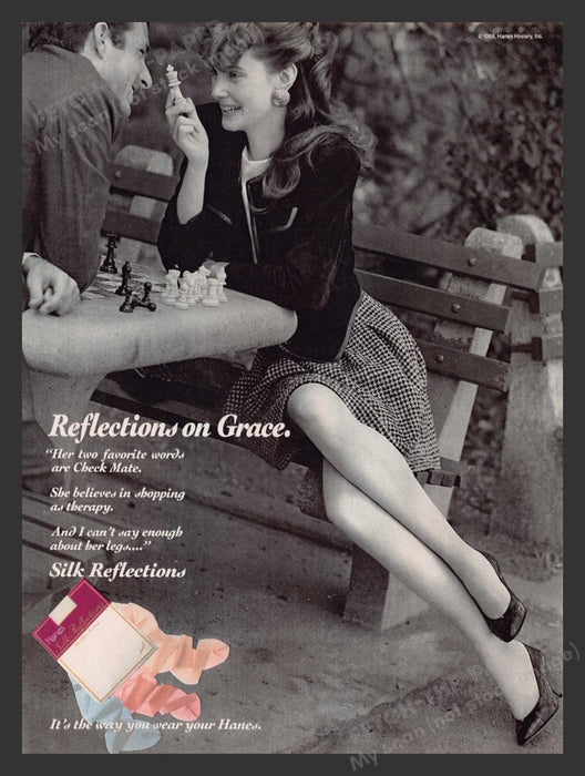 1989 Hanes Silk Reflections Pantyhose Hosiery Couple Playing Chess Print Ad
