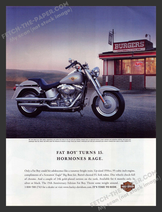2005 Print Advertisement Harley-Davidson Fat Boy Motorcycle Outside Diner Ad.