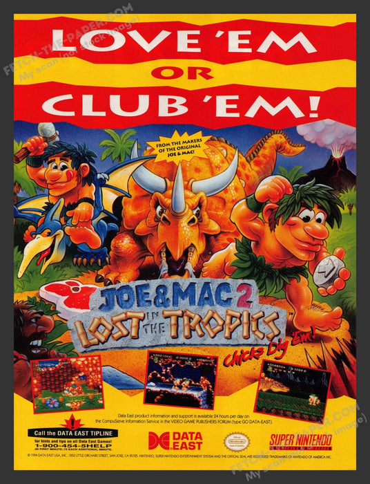 1994 Print Advertisement Joe & Mac 2 Lost in the Tropics Video Game Ad.