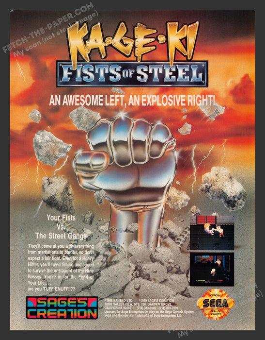 1991 Print Advertisement Ka-Ge-Ki: Fists of Steel Video Game Ad.