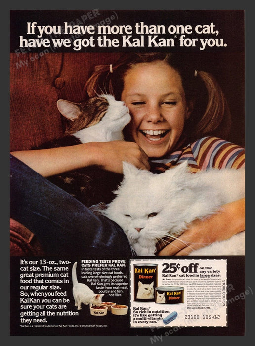 1982 Kal Kan Dinner Cat Food Kitties with Little Girl Print Advertisement Ad