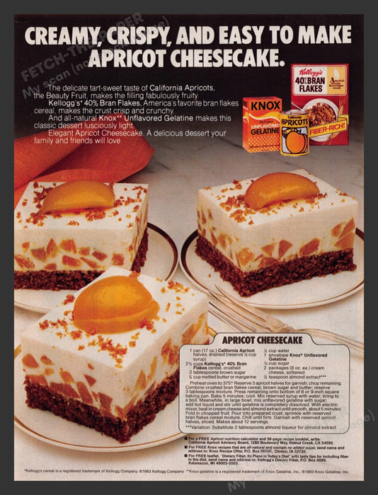 Kellogg's 1980s Print Advertisement 1983 Apricot Cheesecake Recipe Knox Gelatine Fetch the Paper!