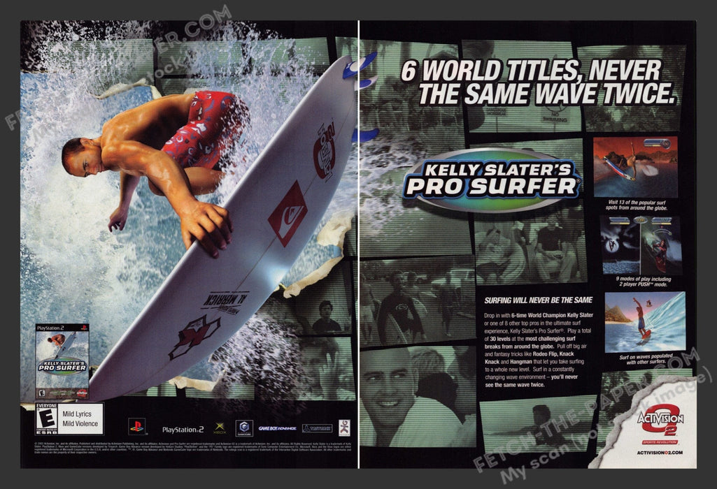 2002 Print Advertisement 2 Page Kelly Slater's Pro Surfer Video Game Ad.