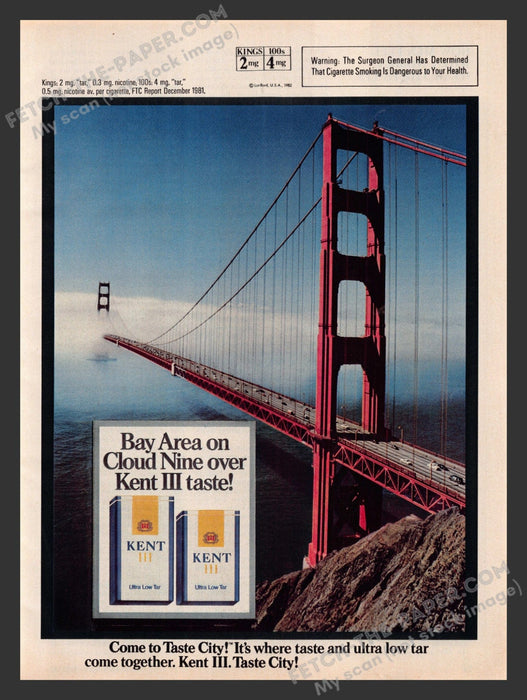 1982 Print Advertisement Kent III Cigarettes Golden Gate Bridge Ad.