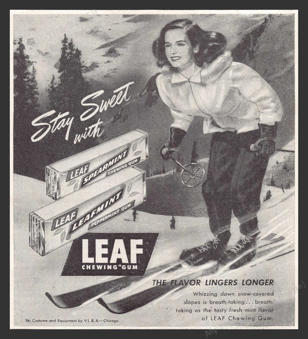 1948 Leaf Chewing Gum Downhill Skiing Print Advertisement Ad