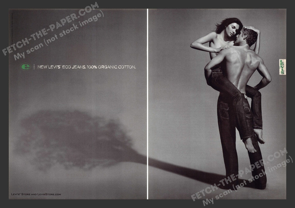 2007 Print Advertisement 2 Page Levi's Eco Jeans Organic Sexy Shirtless Couple.
