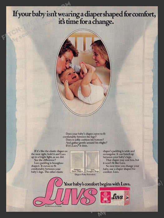 1984 Print Advertisement Luvs Baby Diapers Hourglass Shape Ad.