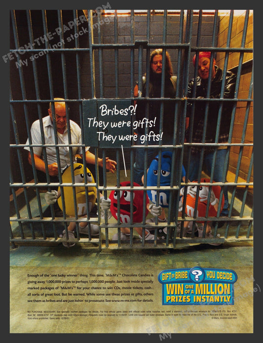 2001 M&M's Gift or Bribe Jail Instant Prizes Print Advertisement.