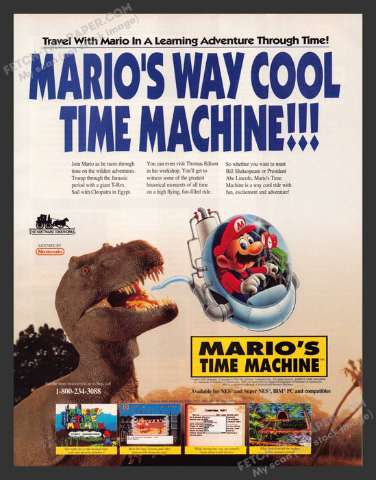 1993 Print Advertisement Mario's Time Machine Video Game Ad.