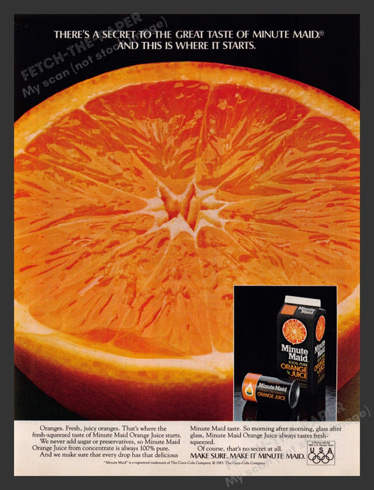 Minute Maid 1980s Print Advertisement Ad 1983 Orange Juice Olympics Logo Fetch the Paper!