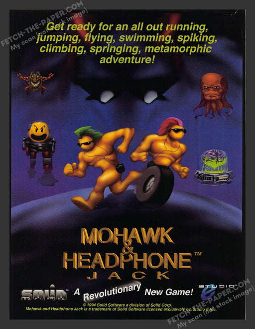 Mohawk & Headphone Jack Video Game 1990s Print Advertisement Ad 1993 Fetch the Paper!