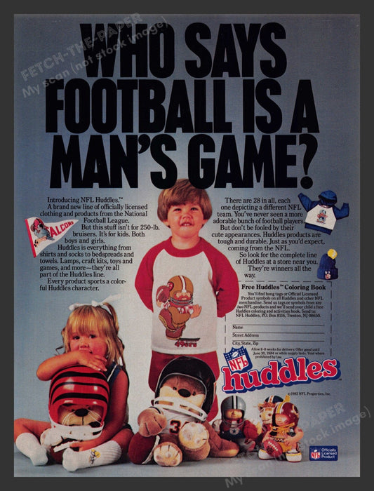 NFL 1980s Print Advertisement Ad 1983 Huddles Kids Stuffed Animals Teams Fetch the Paper!