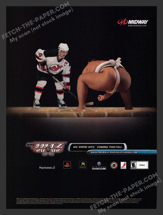 2001 NHL HITZ 2002 Sumo Wrestler Video Game Print Advertisement.